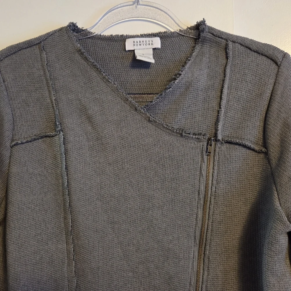 BARNEYS NEW YORK Grey Cotton Moto Jacket Sweater Large